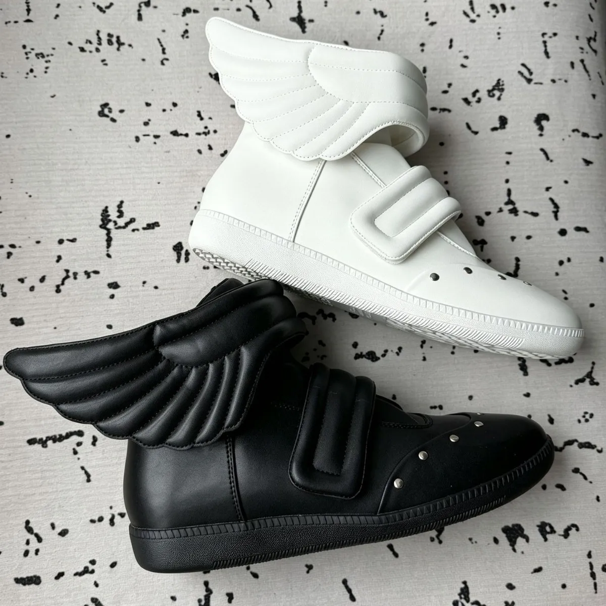 Men 2026 New Star Wing Patch Studded High Top Skate Shoes Round Toe Leather Casual Street Sneakers