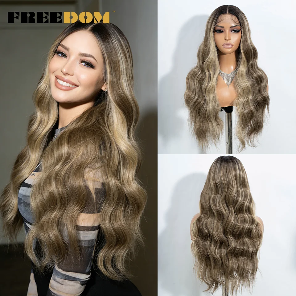 

FREEDOM Synthetic Lace Front Wigs For Women 28 Inches Long Body Wave Lace Wig Middle Part Ombre Brown Blonde White Cosplay Wig