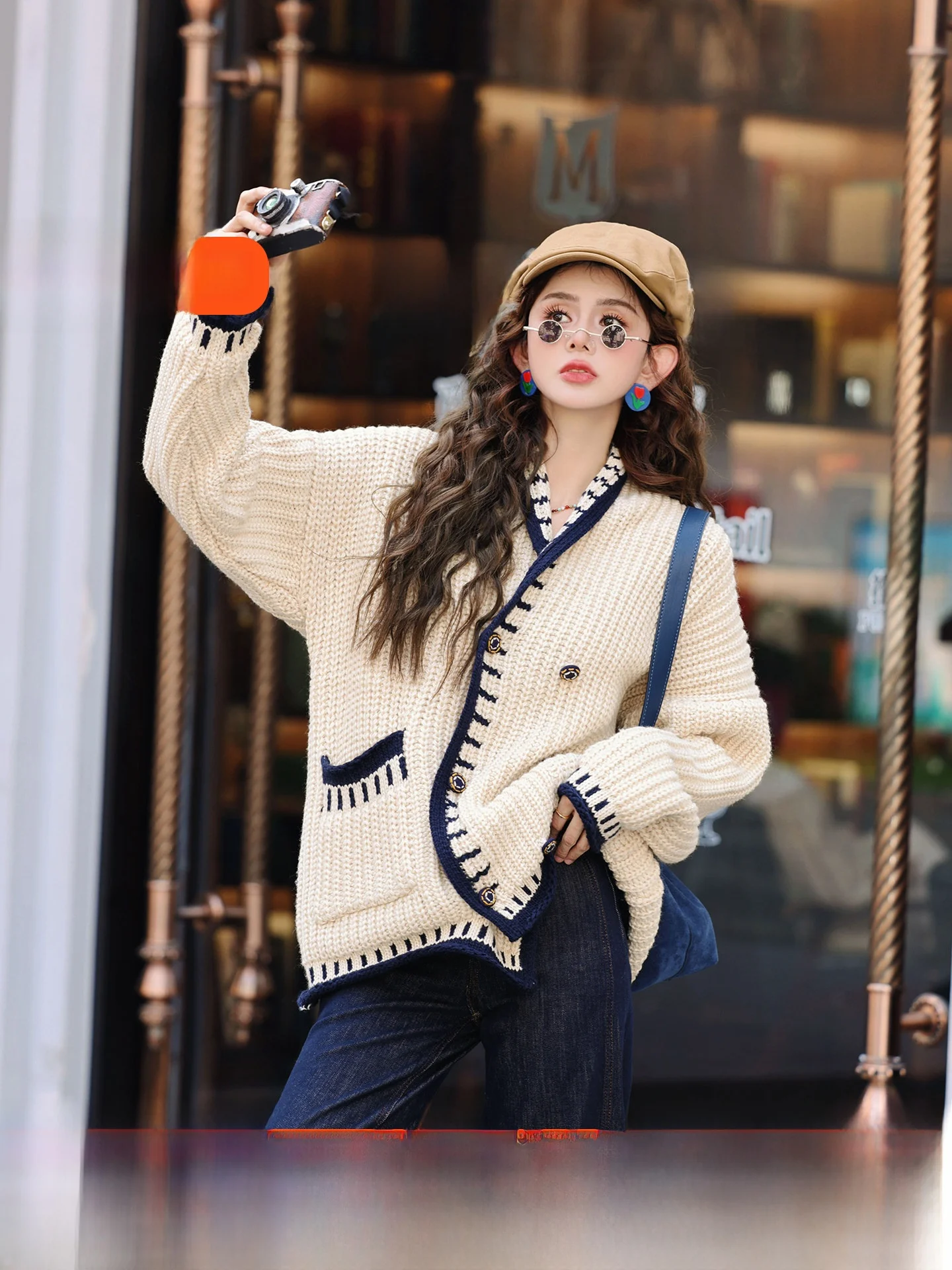 

Loose Knitted Outerwear Women's Autumn Winter New Sle Mianli Jiajie Mountain Fog Painting V-ne Long Sve Cardigan