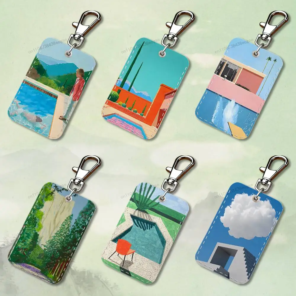 

Art D-David H-HocKneys Rectangle Card Case Keychain Access Card Bag Key Tag Ring Leather Card Holder Key Ring Access