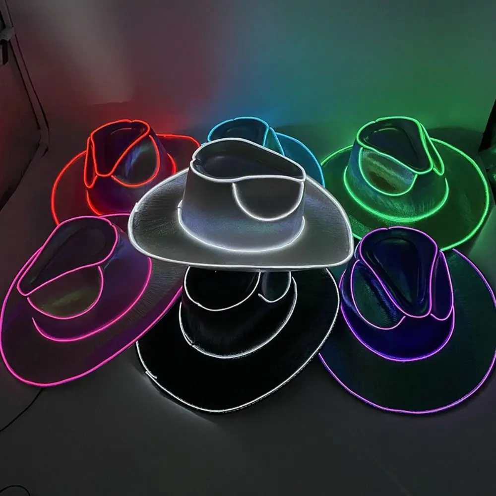 Pearlescent Neon Halloween Hats Colorful Cosplay Party Hats LED Luminous Cowboy Hat Cool Fashion Western Cowboy Hat Kids view 3