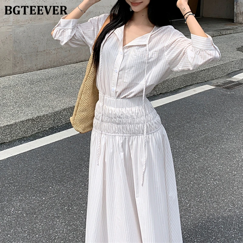 BGTEEVER スタイリッシュな女性ストライプ衣装長袖シングルブレストブラウスシャツ & A ラインスカート夏のレディース 2 点セット