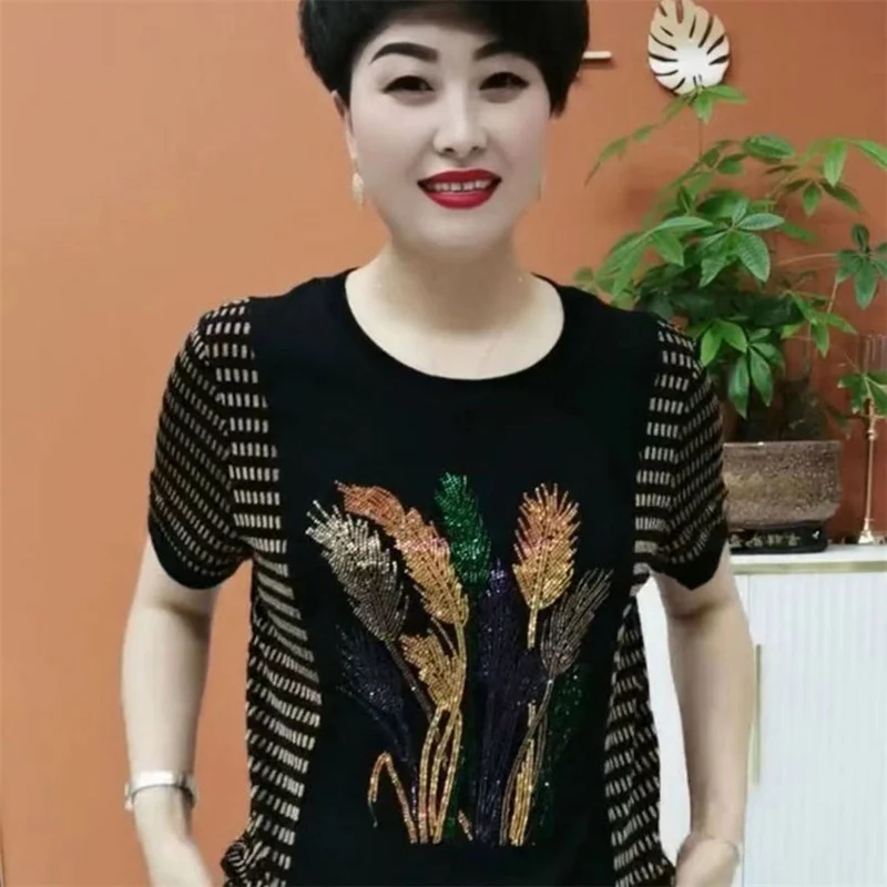 

Short Sleeve T-Shirt Women's Loose Fashion Summer New Style Belly Covering Diamond Heat Transfer Middle-Aged Mom's Top