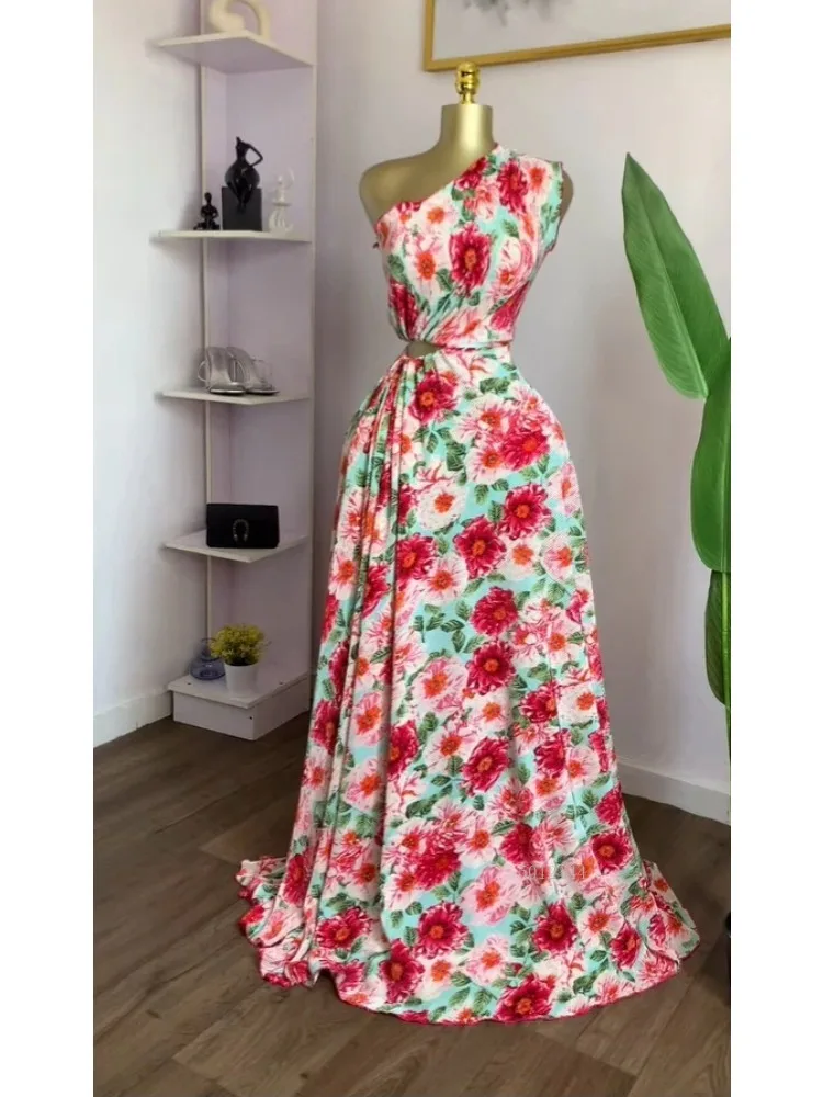 Elegante dames bloemenprint één schouder schuine hals uitsparing taille geplooide maxi lange jurk 2025, zomer verjaardag vakantie jurken