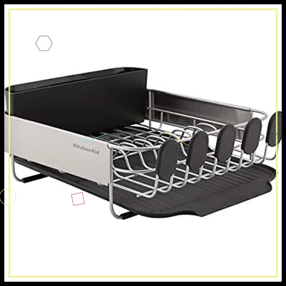 

Compact Space Saving Dish Rack with Removable Flatware Caddy, Angled Self Draining Drainboard, Black, 16.06-Inch
