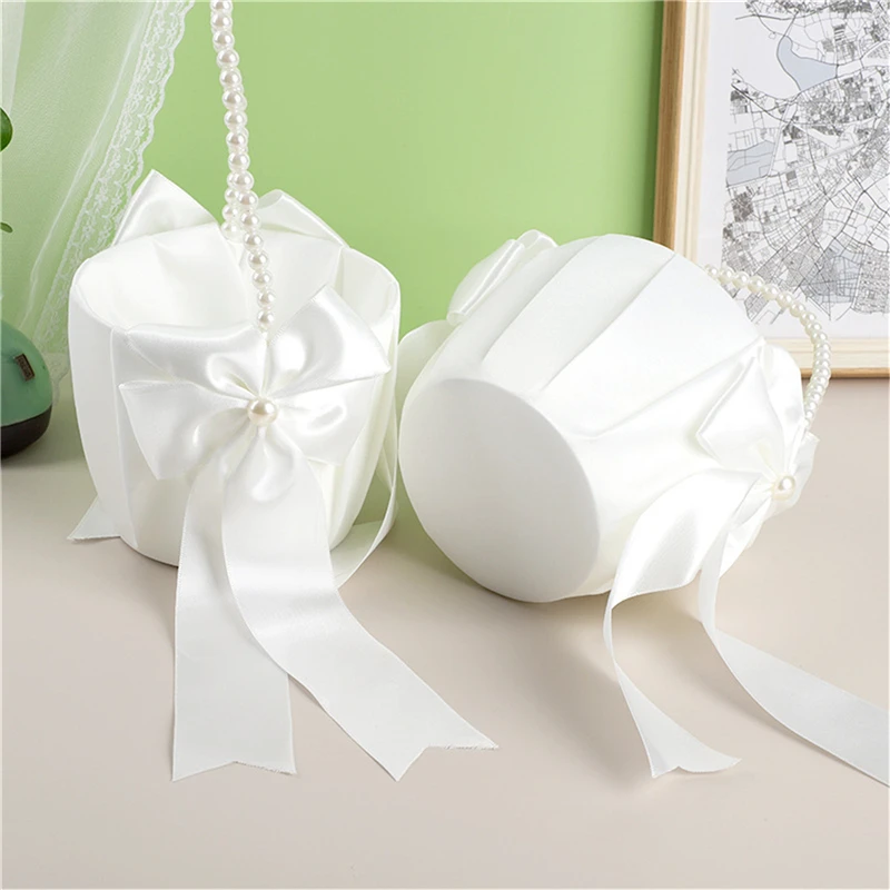 White Flower Girls Basket Silk Wedding Basket for Flower Bride/Kids Hand Held Wedding Ceremony Party Decorations