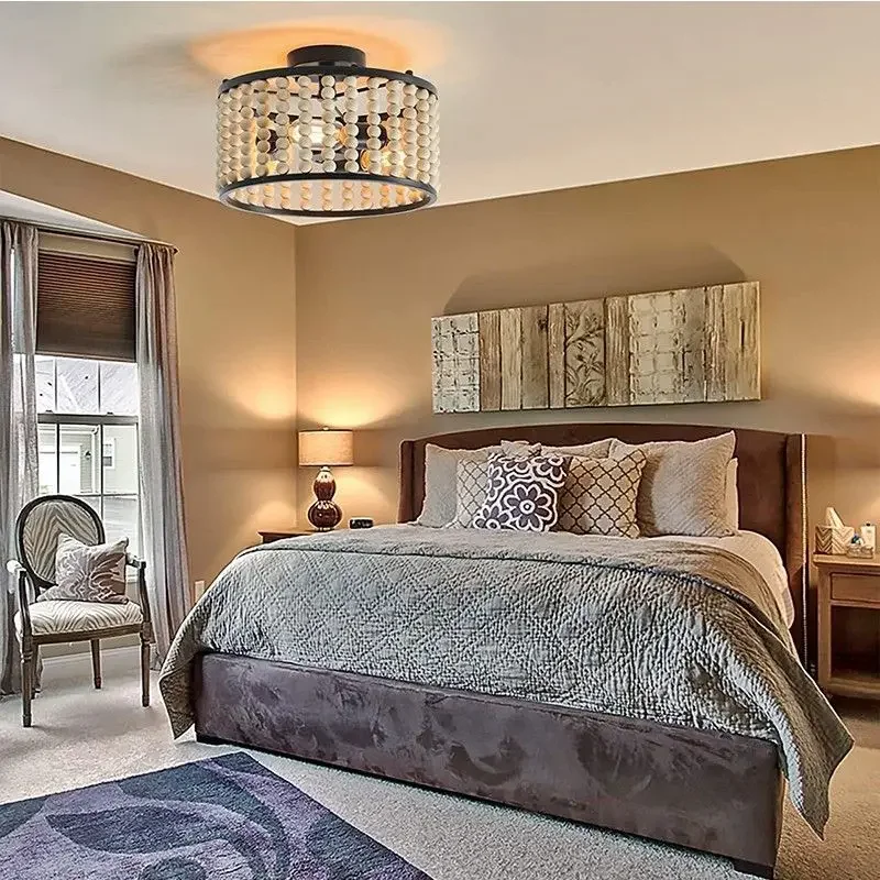 

Wood Beads Ceiling Lamp Nordic Style Round Living Room Bedroom Hallway Lighting Fixture