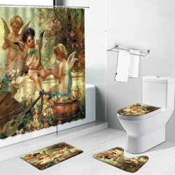 Angels in Heaven Shower Curtain Set Fantasy Enchanted Forest Elves Girl Mushroom Bathroom Curtains Toilet Lid Cover and Bath Mat