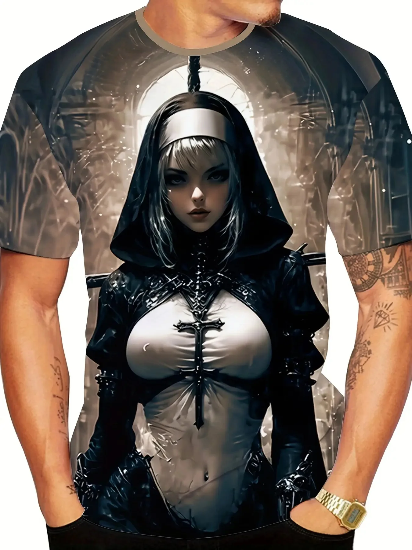 تي شيرت برسومات راهبة قوطية للرجال والنساء - فن الدير القوطي الداكن مع راهبة، تي شيرت برقبة دائرية قابلة للتنفس لجميع القديسين #4