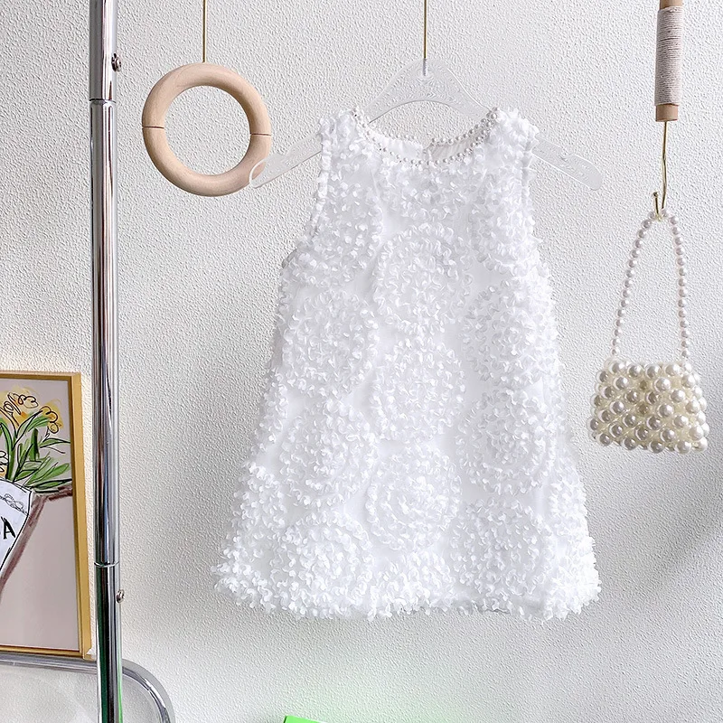 Summer Baby Girls Dress Lace Flowers Design Back Bow Kids Sleevess Dresses Children Vest Dress Kids Formal White Princess Dress