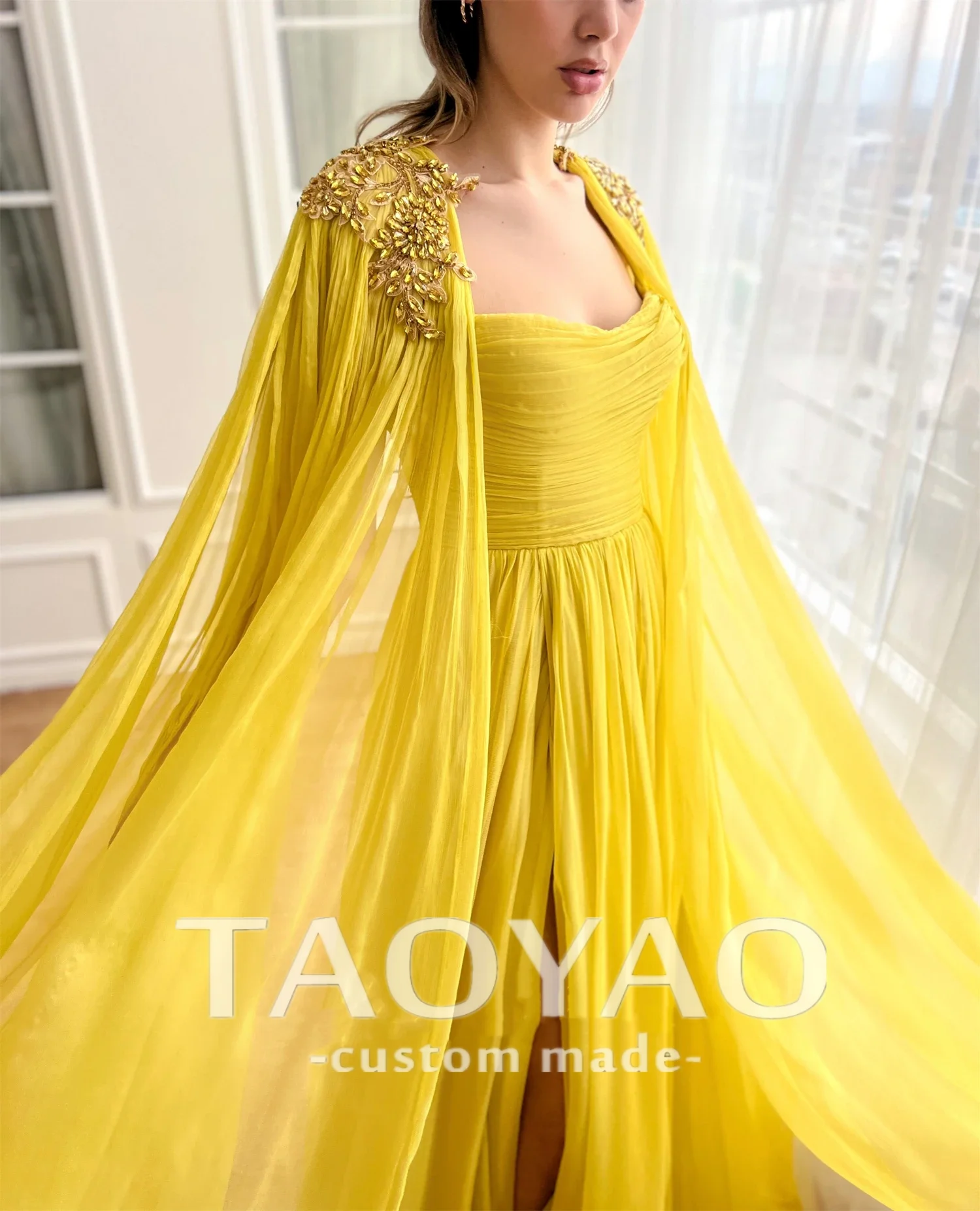 Yellow Chiffon Shawl Ball Gown Line A Graduation Glitter Decoration Wedding Party Dresses Gala Dress 2024 Robe De Soiree Femmes