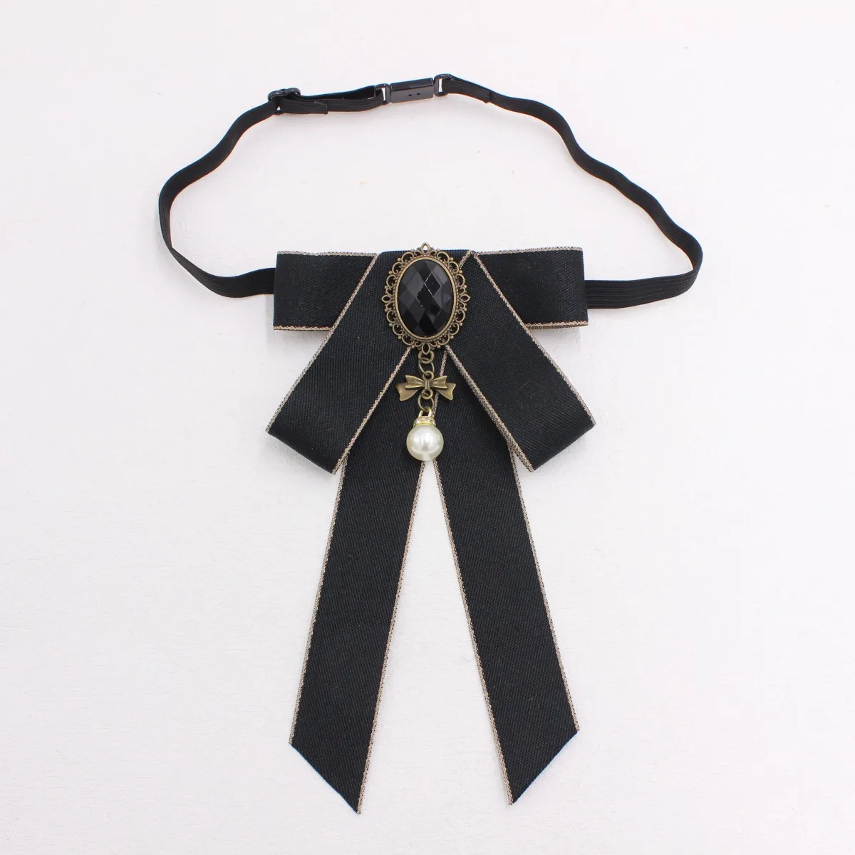Papillon gotico Lolita da donna Cravatta a nastro con ciondolo di perle vintage Accessorio uniforme regolabile per abiti da prestazione per ufficio scolastico
