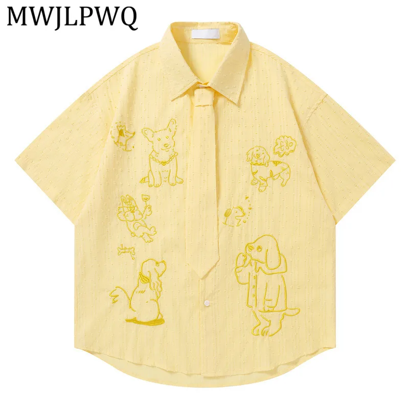 

MWJLPWQ Japanese Retro Embroidered Tie Short-Sleeve Shirt For Men Women 2026 Summer New Lapel Loose Casual Style Tops 16173