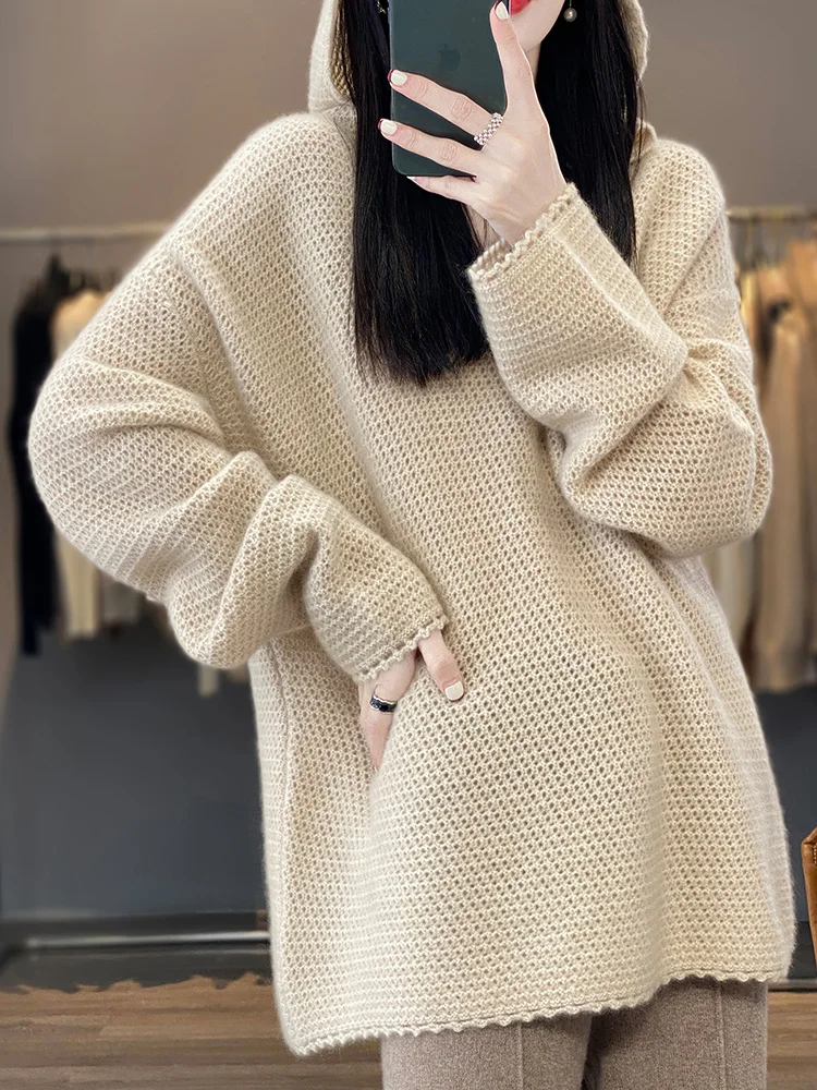 

New Autumn Winter Women Wool Hooded Pullover Hollow Cashmere Sweater 100% Merino Wool Knitwear Casual Loose Soft Knitting Tops