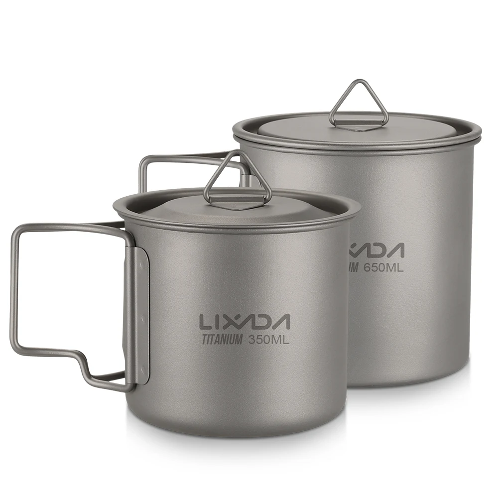 Taza de titanio ultraligera Lixada, taza de agua portátil para Picnic al aire libre con mango plegable, 300ml / 350ml / 450ml / 550ml / 650ml / 750ml