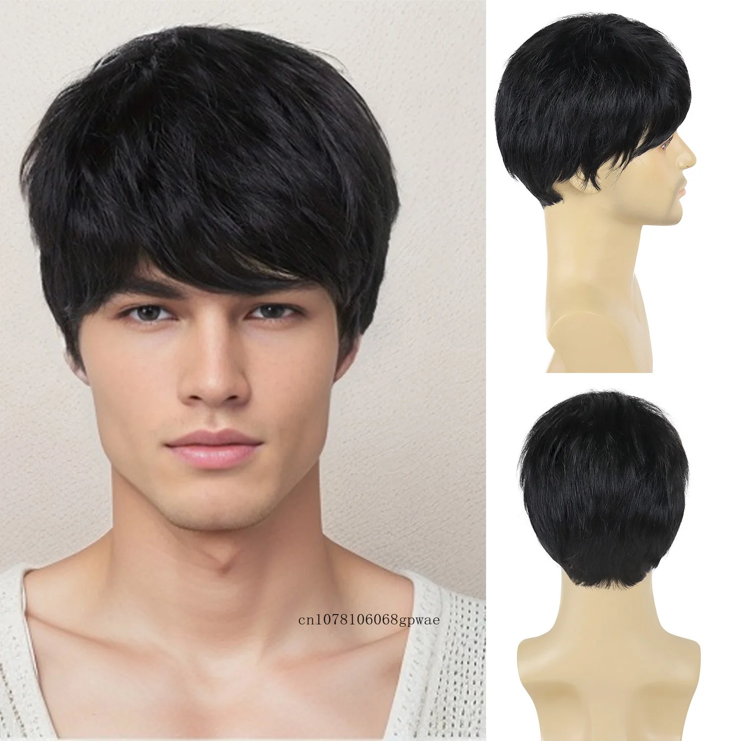 

Mens Short Black Wigs Synthetic Hair Casual Wig with Bangs Soft Silky Straight Hairstyle Heat Resistant Daily Party Costume Use