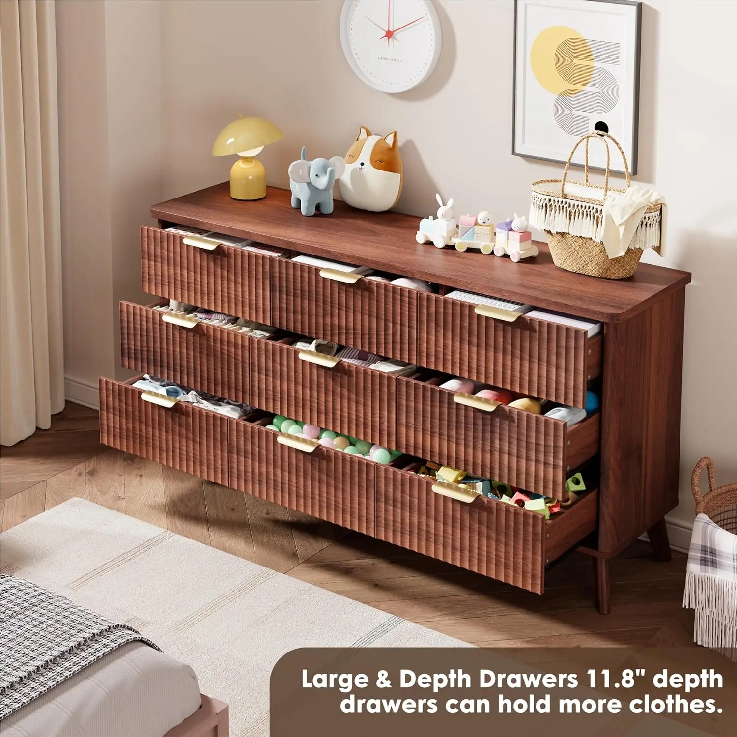 Walnut Wooden 9 Deep Drawer Fluted Dresser with Curved Profile for Bedroom, Living Room, Kids Room, Hallway view 5
