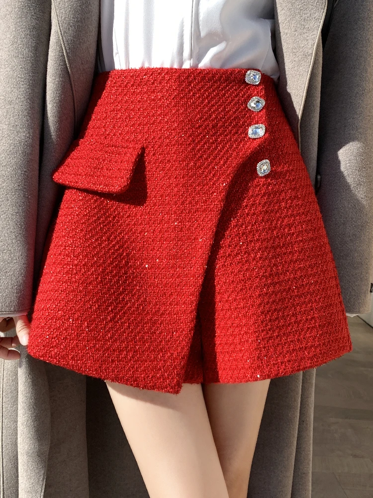 

QOERLIN Vintage Tweed Mini Skirts with Shorts Fashin Skorts High Waist Irregular Skirt Luxury Back Zipper S-XL A-Line Saia Mujer