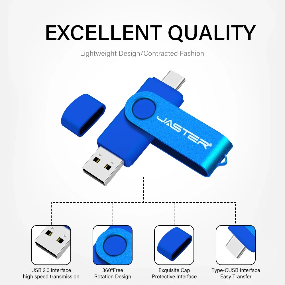 JASTER TYPE-C 2 in1 USB 2.0 Flash Drives 64GB High speed Pen Drive 32GB Blue Memory Stick Red Pendrive for Mobile Phone Computer