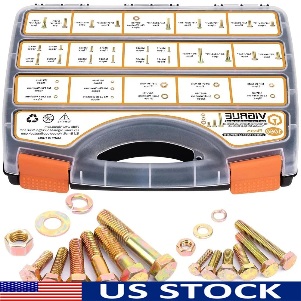 

1060PCS Bolts Nuts Assortment Kit Heavy Duty SAE Metric Hex Fasteners Washers Home Automotive Mechanical Equipment Tools