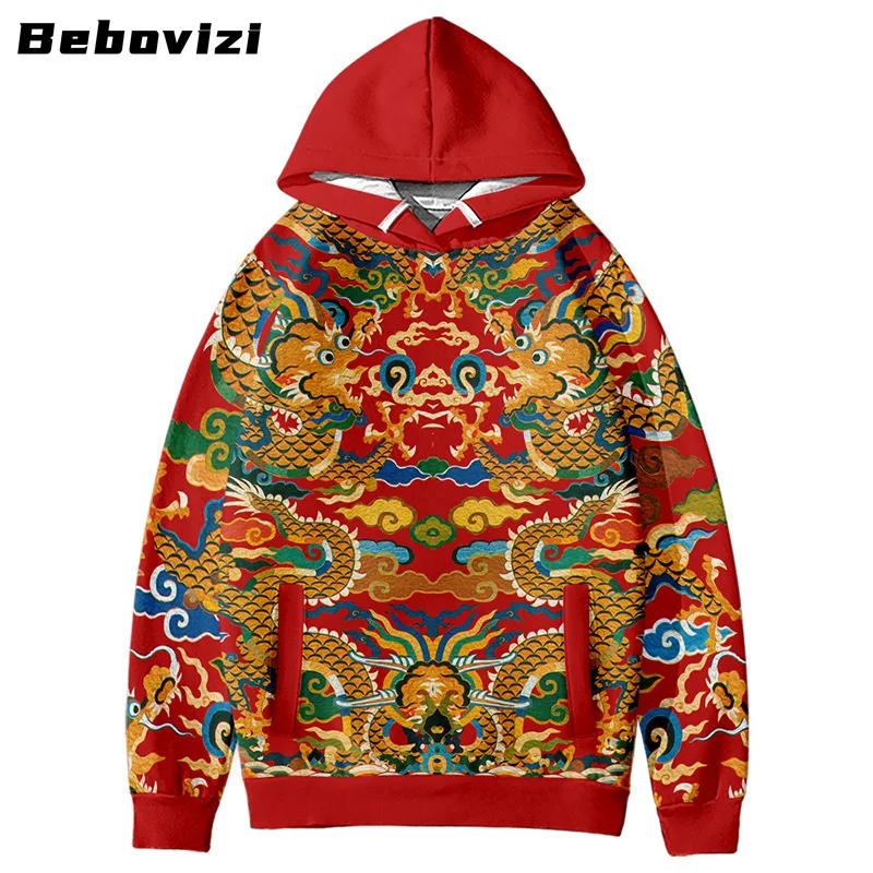 

Vintage 2023 Streetwear Harajuku Pullover Red Chinese Dragon Printed Hoodie Pocket Hooded Sweatshirt