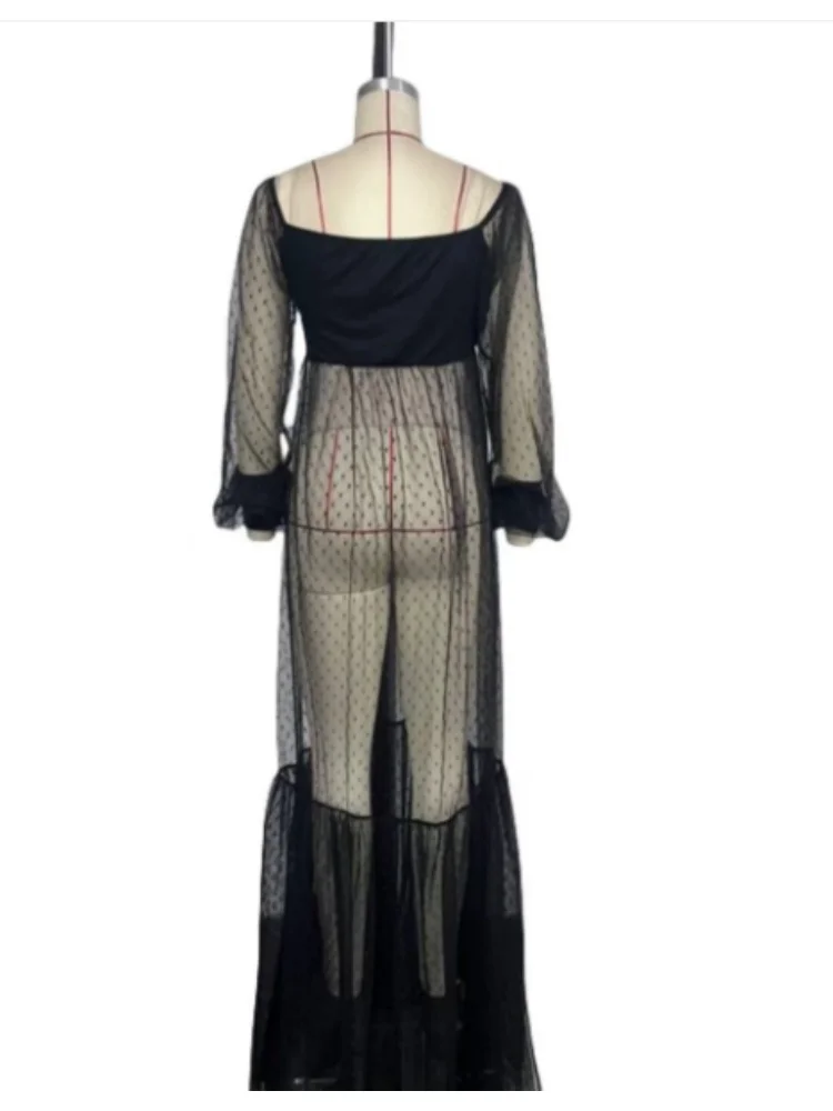 2026 New Maternity Mesh Nightgown Puff Sleeve Polka Dot Sheer Slit Tulle V Neck Strapless Robe Soft Mesh Sleepwear Dress Women