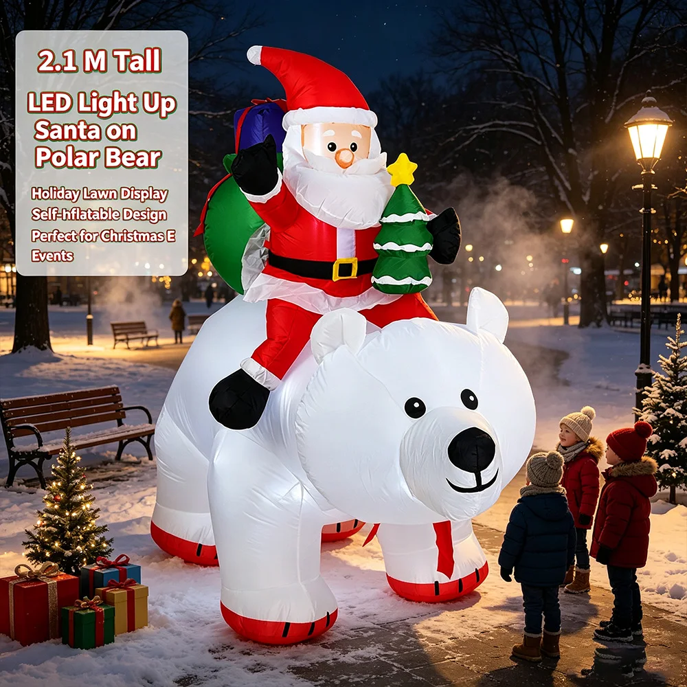 2.1M Animated Inflatable Christmas Santa Riding Polar Bear with Shaking Head, Blow Up Yard Decor with LED Lights
