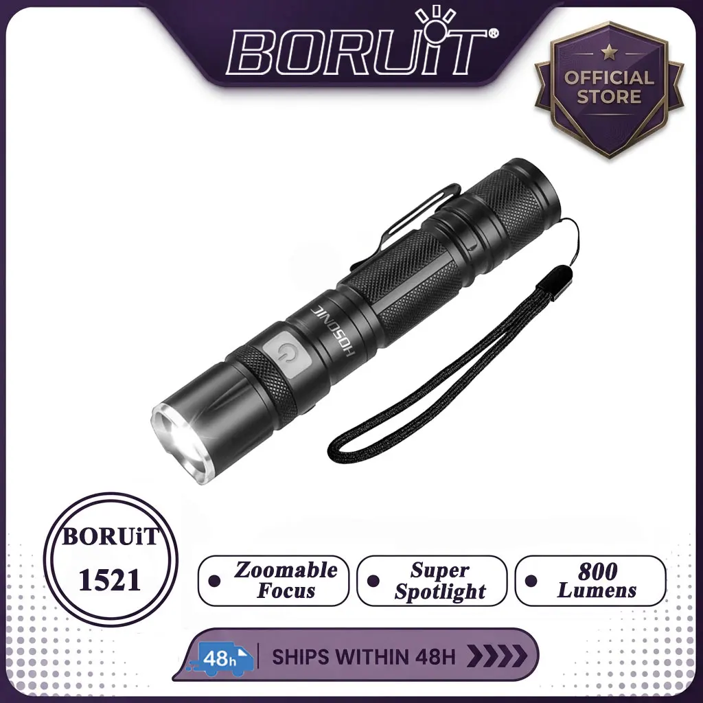BORUiT1521 800LM Tactical Zoomable LED Flashlight Type-C Rechargeable Pocket Torch Light Clip Emergency Tool Camping Cycling