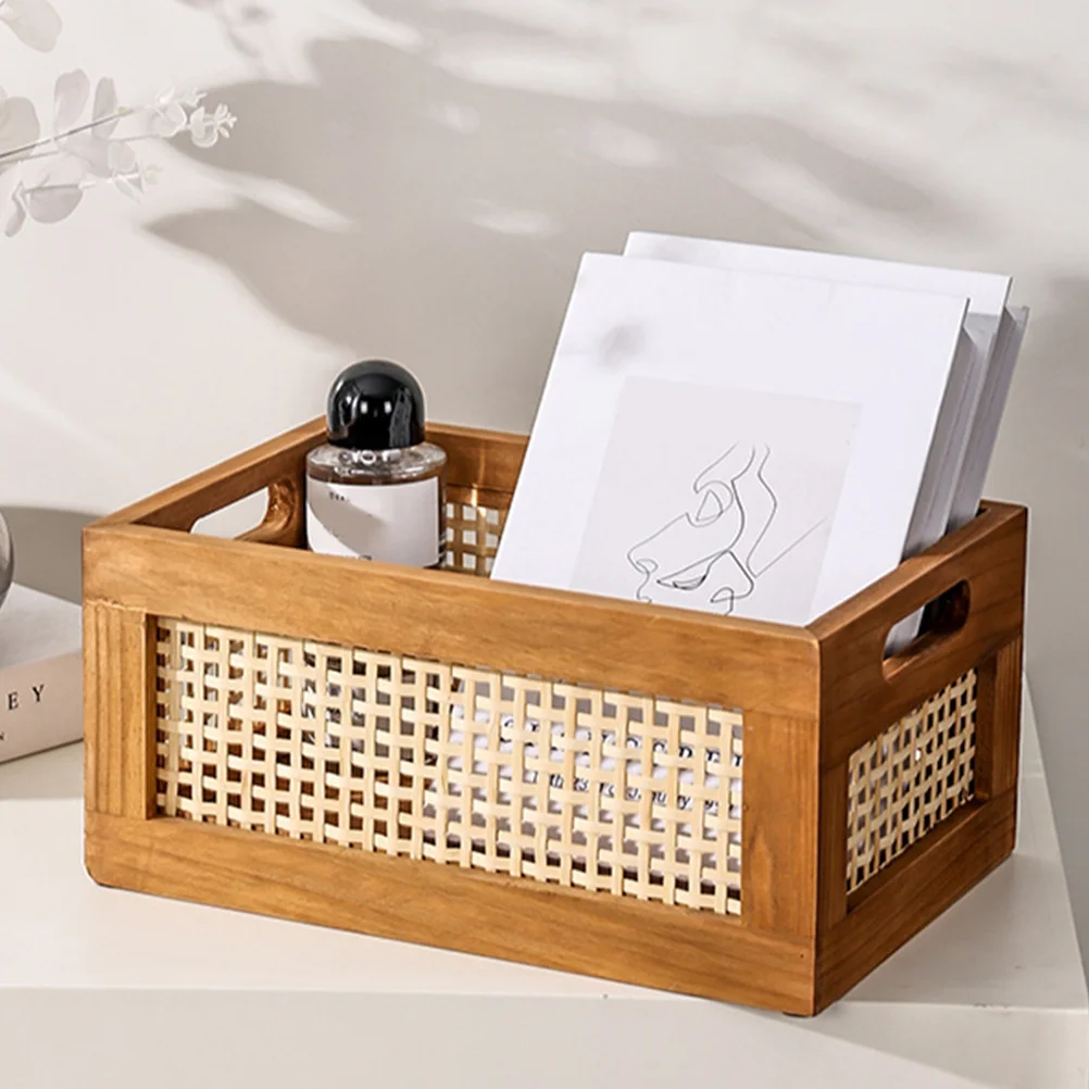 

Solid Wood Vintage Rattan Storage Box Home Container Clothes Basket Snacks Bins for Shelves Small Woven Baskets Retro Toy