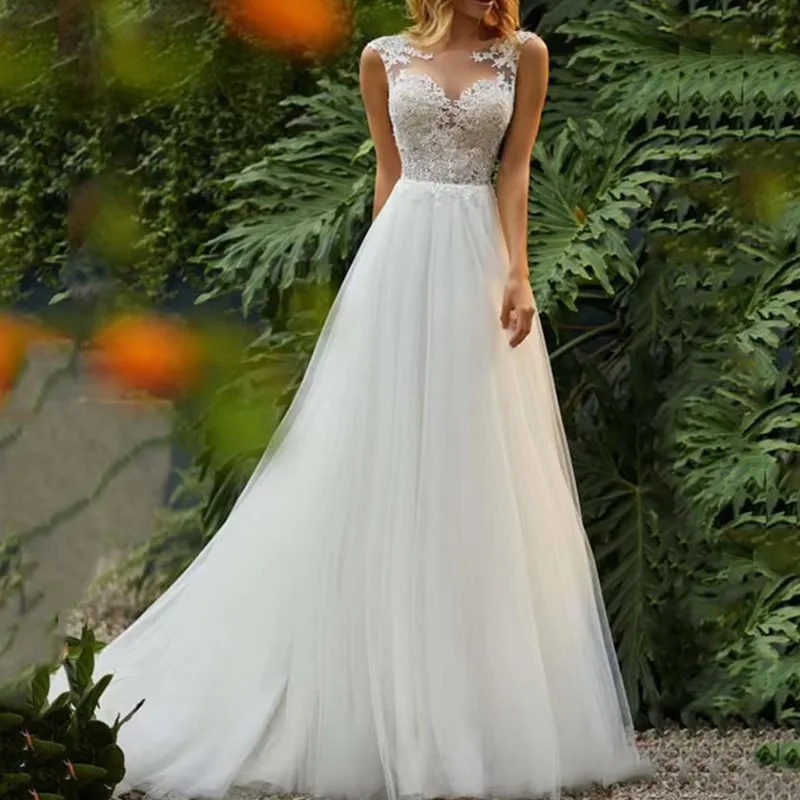 

Customzied A-Line Wedding Dresses See Through Back Bridal Gowns Lace Appliques Sleeveless Beach Vestidos De Mariee