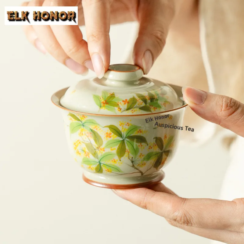 105ml Hand-painted Osmanthus Flowers Gaiwan Vintage Tea Tureen Tea Bowl With Lid Kit Tea Maker Cover Bowl Tableware Ornaments