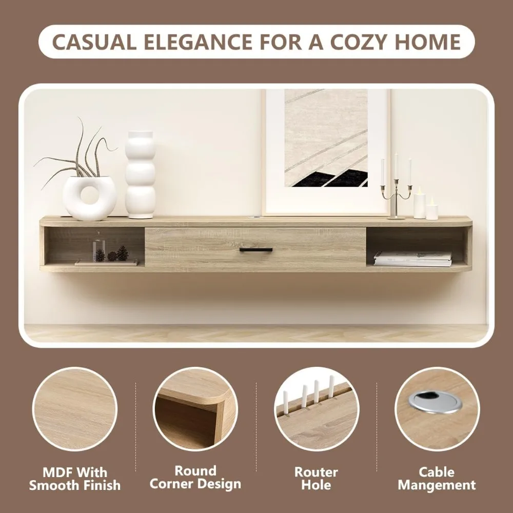 Szafka RTV wisząca na ścianę z półkami, drzwiczkami i kominkiem pod telewizor, oszczędzająca miejsce, na odtwarzacze DVD