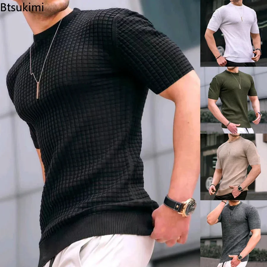 

2025 Spring Summer Men's Casual Short Sleeve Shirts Basic Knitted Sweater Pullover Male Round Collar Summer Tops Cotton T-shirt