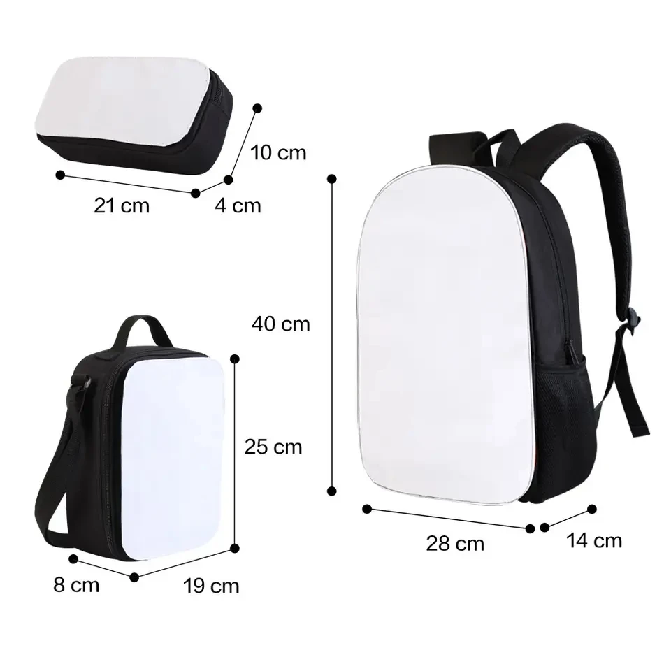 Mochila e Lápis do Estudante, Lunch Bag, Impressão por Transferência de Calor, Impressão por Sublimação, Mochila em Branco, Conjunto de Viagem, 3 Pcs