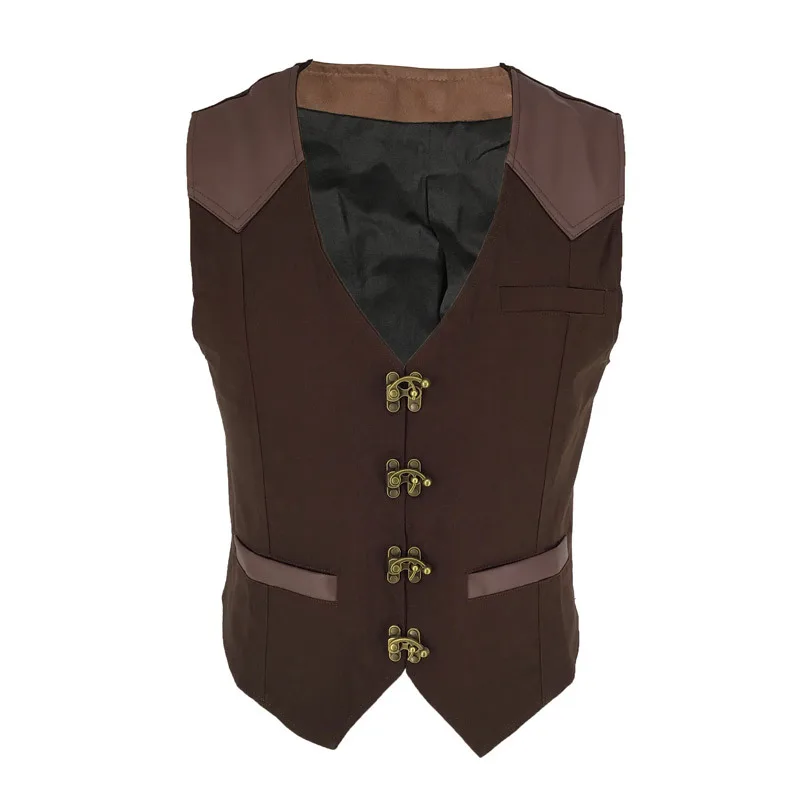 

New Fashion Cool Medieval Gothic Steampunk Vest Retro Male Metal Button V-neck Coat Brown Black Vest Role-playing Costume Cloth