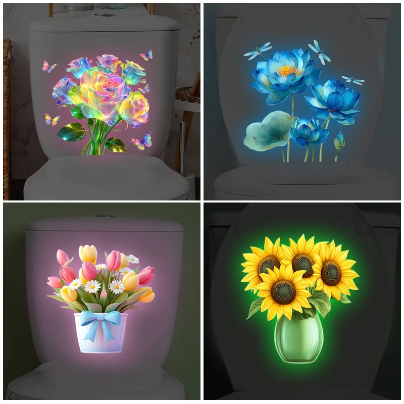 Glow-in-the-Dark Flower Toilet Sticker Luminous Toilet Decal Removable Self-Adhesive Home Decor Stickers For Bedroom Living Room