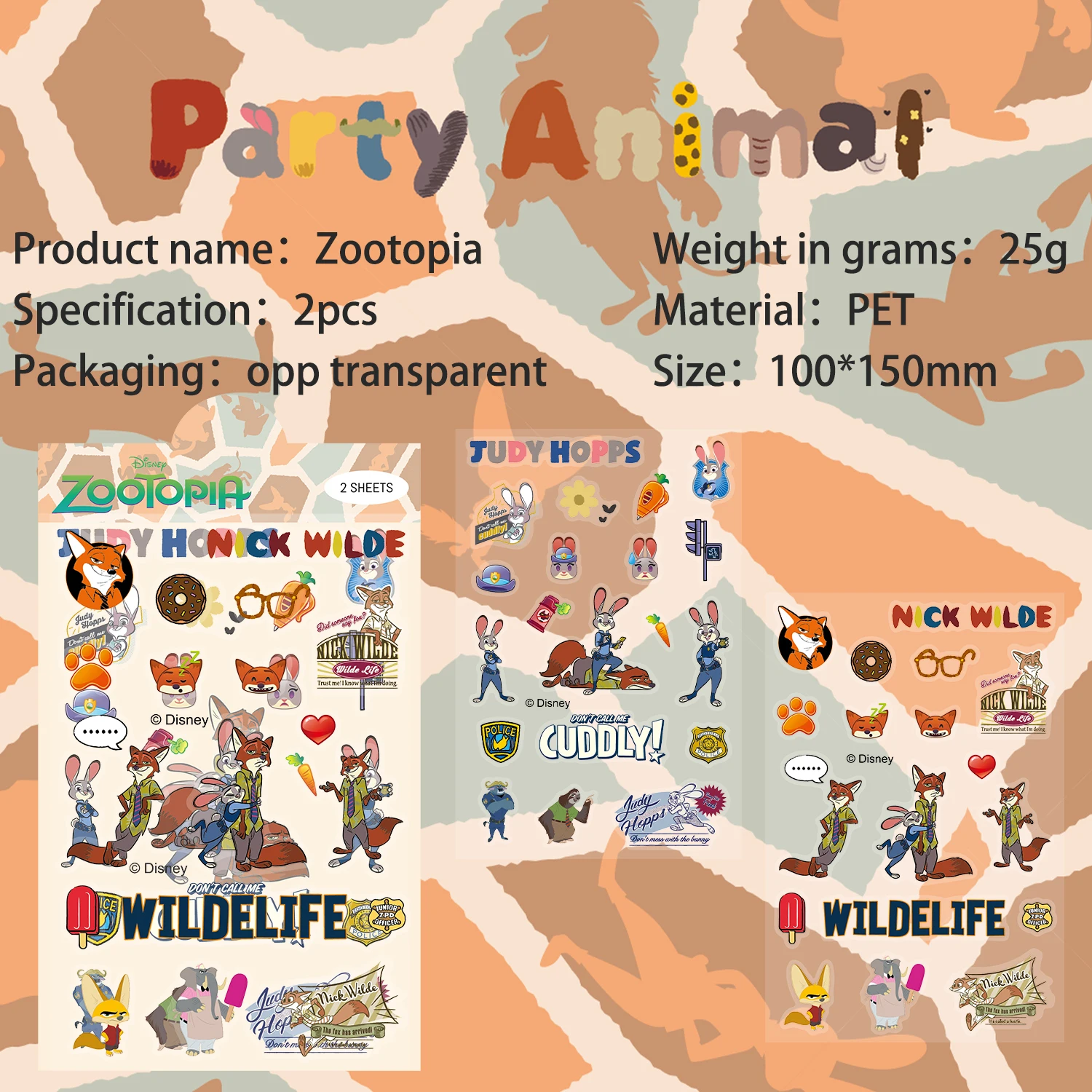 2pcs Zootopia Sticker Pack PET Graffiti Stickers Decorative Phone Cases, Water Cup, Guitars, Creative Waterproof Gift Decal