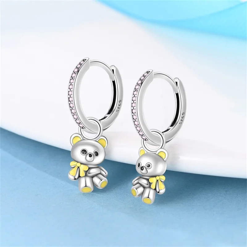 Nuevo pendiente para mujer, pendientes de aro dobles de princesa con corazón rosa y oso de mariposa brillante de plata 925, joyería de fiesta de lujo