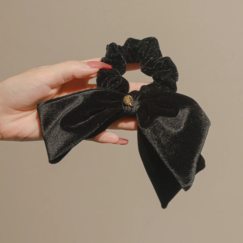 Korean Vintage Velvet Bow Scrunchies Female Solid Knot Hair Rope Ribbon Elastic Ponytail Hair Tie Accessories Women Hair Bands