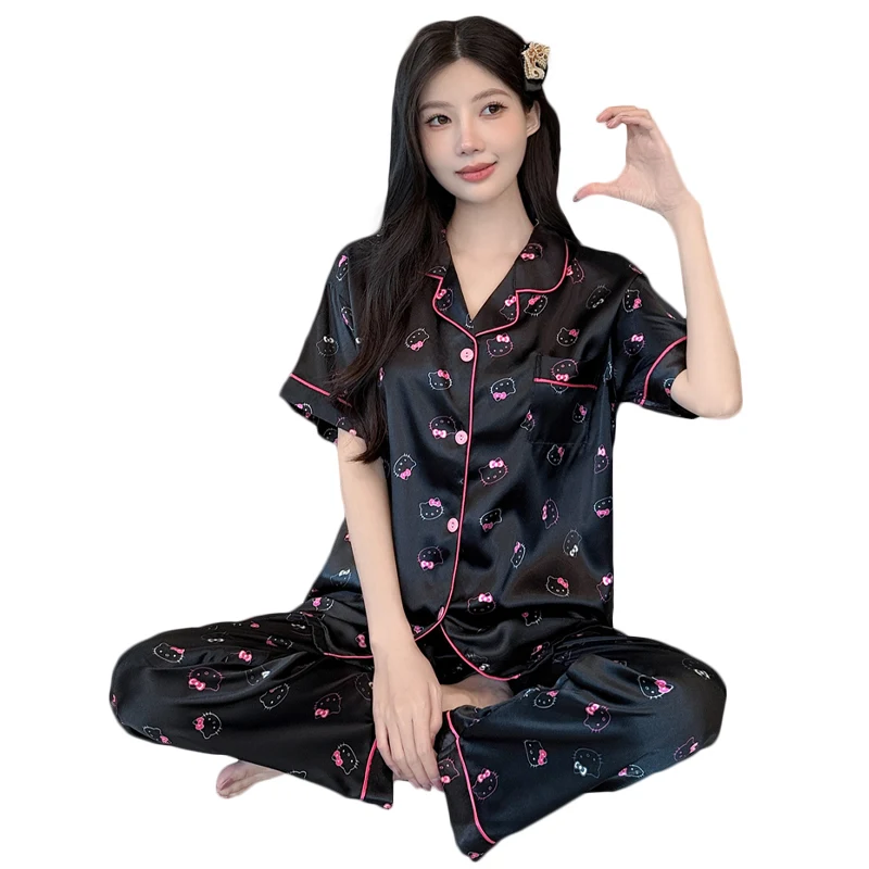 Verão high-end dos desenhos animados kt gato calças de manga curta simulação seda pequeno pijama loungewear conjunto