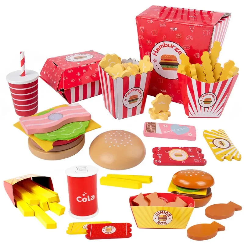 木製バーガーごっこ遊びハウスキッチンシミュレーションフードフライドポテトファストセット子供のおもちゃで遊ぶふりをする