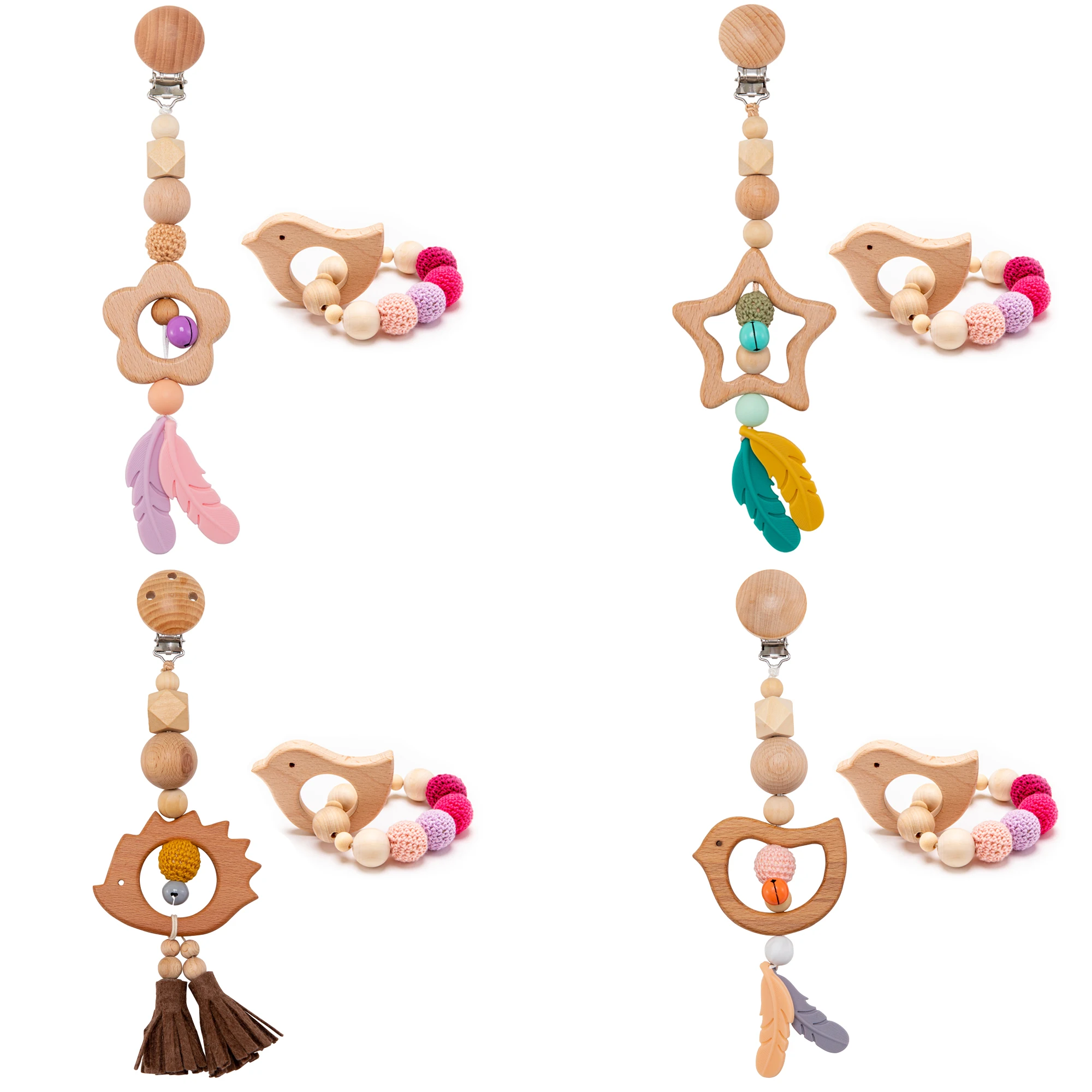 قطعتان من ألعاب الأطفال، مشابك لعبة عربة الأطفال، سوار لتخفيف التوتر للأطفال، ألعاب عضاضة خشبية 0 3 سنوات لعبة خشخيشة خشبية للرضع #1