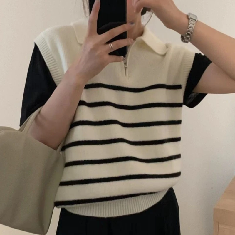 

Women Lapel Collared Zipper Front Stripe Knitted Vest Sleeveless Sweater Pullover Waistcoat Top Teen-girl Casual Outfit