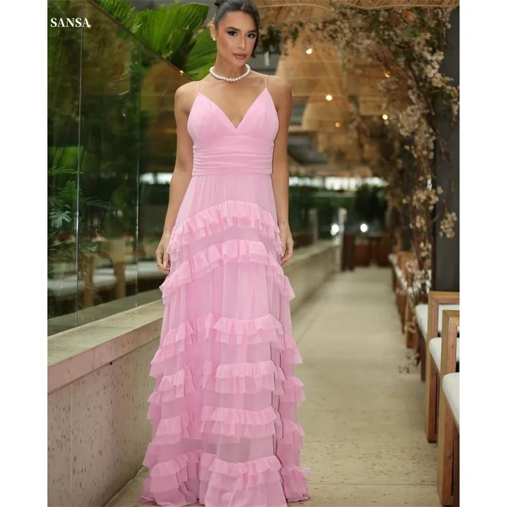 

Sansa Customized Spaghetti Strap Sweetheart Neck A-line Prom Dress Pink Cascading Ruffle Evening Dress Floor-length Party Dress