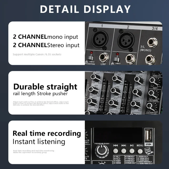 GPUB KP8 Mixer Audio 8 Saluran 16 Efek Reverb Digital Konsol Pencampur Equalizer Tiga Band dengan USB + Daya Phantom 48V