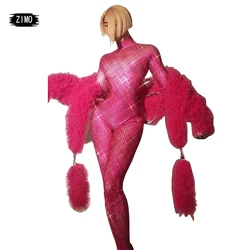 luxury Sparkly Full Rhinestones pink silver Jumpsuit sexy Celebrate Performance DS party birthday club Stage drag queen festival