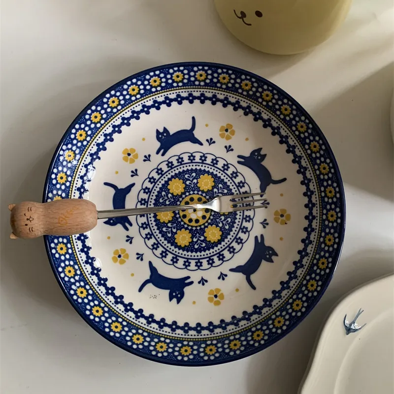 Nordic Underglaze Cat Disc Ceramic Ornaments Living Room Kitchen Dining Table Dessert Plate Fruit Plate Crafts Home Decoration