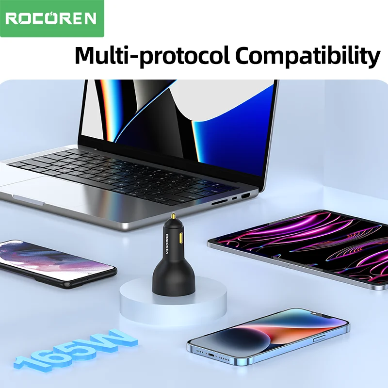 Rocoren-Carregador para automóvel para MacBook, Xiaomi, iPhone 14, 13 Pro Max, Carregamento Rápido, USB Tipo C, PD 3.1, 140W, 165W, QC 5.0