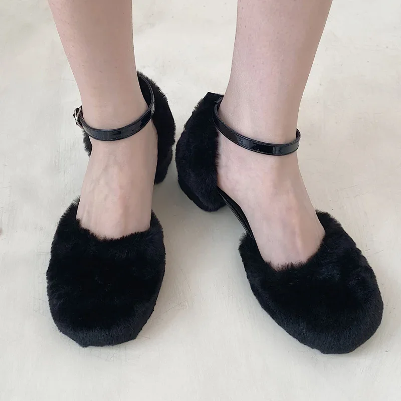 Fur Women Mary Janes Shoes Designer Shallow Mid Heels Pumps Autumn Fashon New Buckle Shoes 2024 Dress Party Zapatillas Mujer