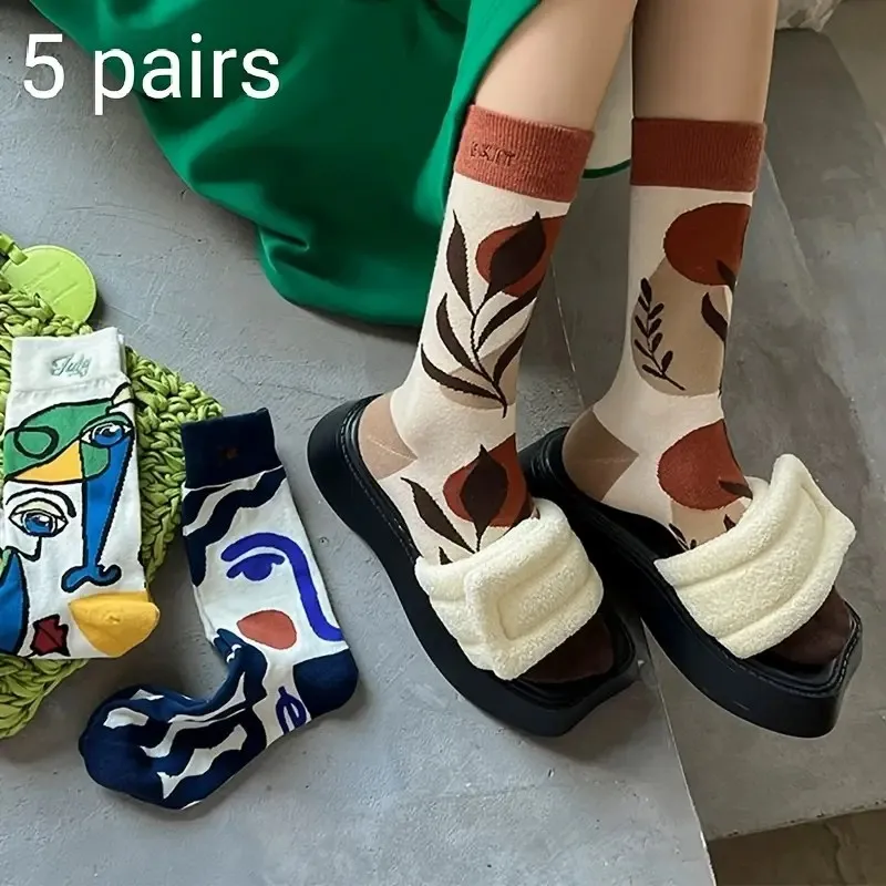 5 Pairs Elegant Cartoon Graffiti Women Tube Socks Fashionable Oil Painting Art Printing Soft Comfortable Breathable Casual Socks image 4